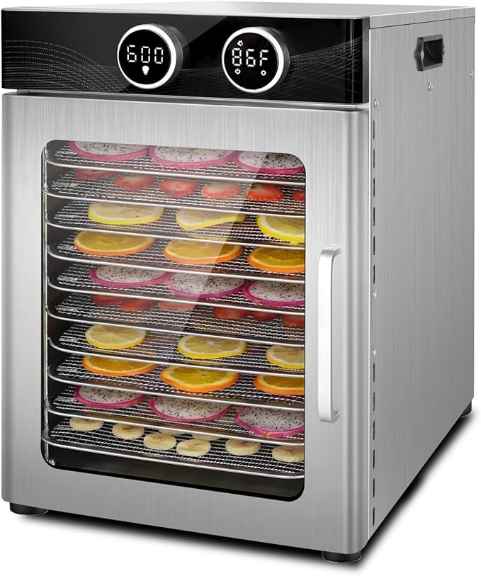Food Dehydrator with 10 Stainless Steel Trays, with Electronic knob, 194°F Temperature Adjustable and 0-15 Hour Digital Timer, 800W dehydrators, low noise, for Dog Treats, Meat, Fruit, Jerky and Herbs