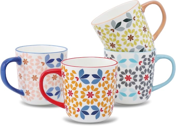Floral Pattern Coffee Mugs, Bone China Tea Cups with Colored Handles, Set of 4
