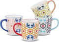 Floral Pattern Coffee Mugs, Bone China Tea Cups with Colored Handles, Set of 4