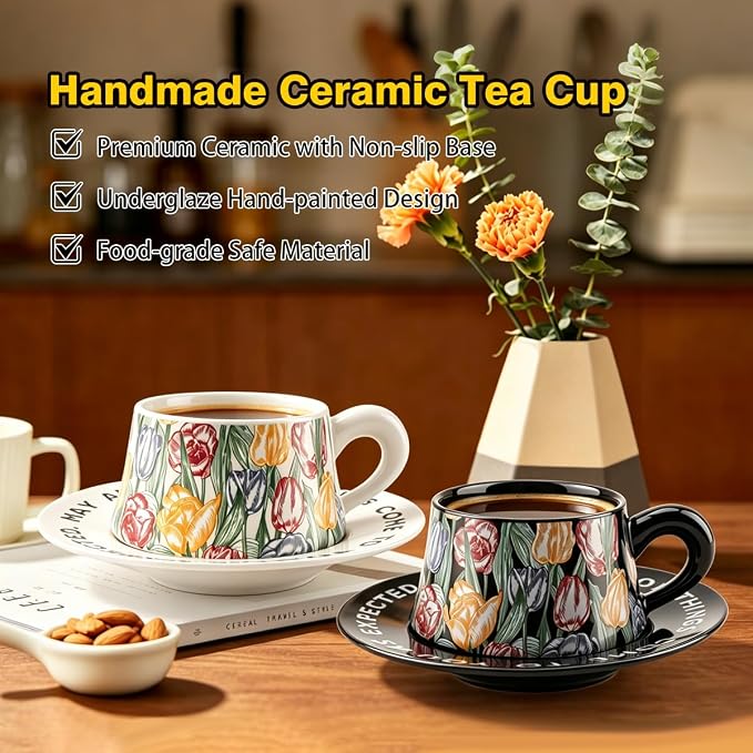 Tea Cup and Saucer Set Floral Design Porcelain Ceramic Coffee Cup Sets with Box Dishwasher Safe Set 9.8 oz Christmas Thanksgiving Gifts