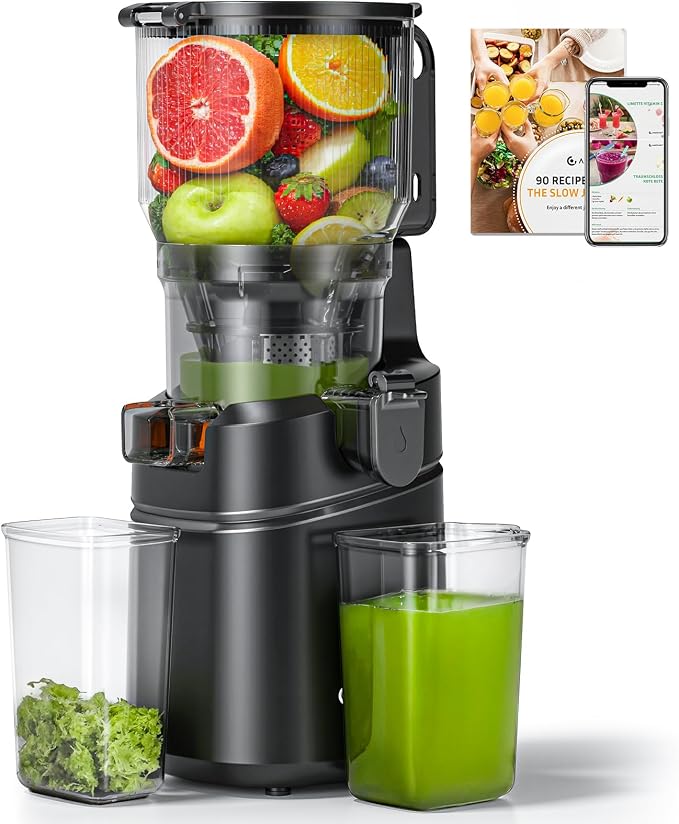 AMZCHEF Cold Press Juicer – 6.5" Wide Mouth Hopper for Whole Recipe Loading, Self Feeding for Hands-Free Operation, Zero Waste Masticating Juicer For More Juice, Less Pulp – Triple Strainers