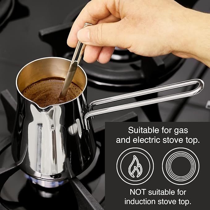 Crystalia Turkish Coffee Pot 18/10 Stainless Steel, Stove Top Tea Maker, Milk Warmer, Greek Arabic Coffee Cezve Briki, 15 oz (Silver, Small)