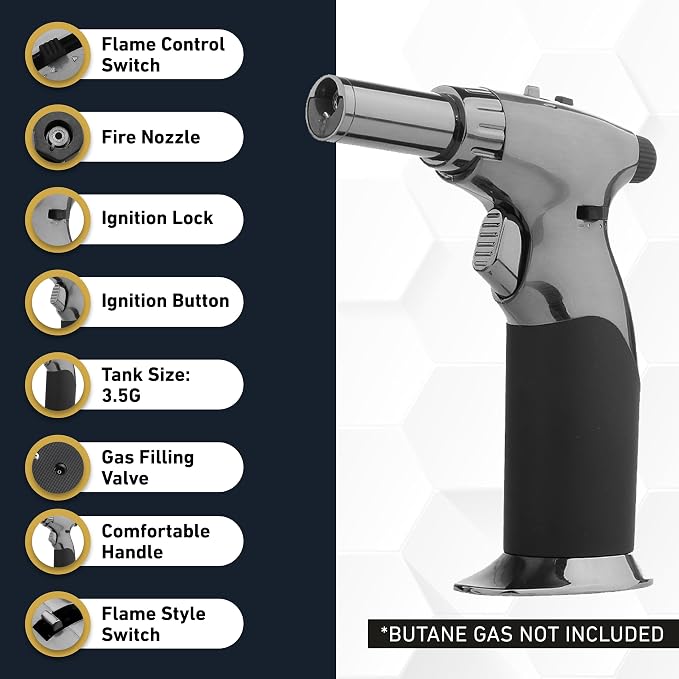 Dual Flame Butane Torch Gun - Refillable Luxury Hand Held Mini Blow Torch for Cooking, Creme Brulee, Soldering, Welding, & Resin Art - Adjustable Flame with Ignition Lock - Steel Black by inZaynity®