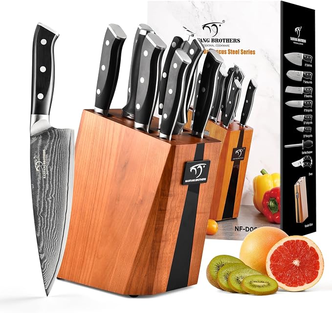 NANFANG BROTHERS Damascus Knife Set, 9-Piece VG10 Kitchen Knives with Block | 9-piece professional Damascus kitchen knife set with VG10 steel core, 66 layers, wood block, and ABS handles