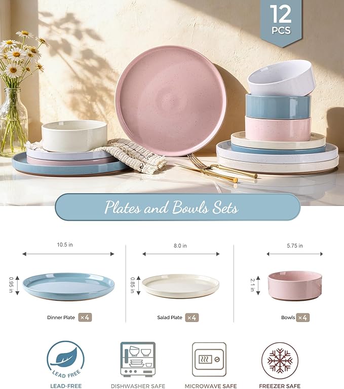 AmorArc Ceramic Dinnerware Set for 4 | Handpainted Stoneware Plates and Bowls with Rustic unglazed terracotta | Scratch Resistant, Dishwasher & Microwave Safe Dishes Sets- 12-Pcs Colorful