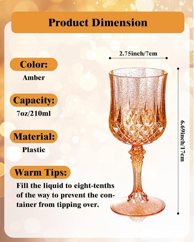 Ciaell 24PCS Amber Plastic Wine Glasses - 7 Oz Amber Vintage Drinking Glasses - Disposable Water Goblets Set for Party Wedding, Bar, Wine, Beer