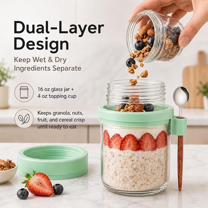 2 Pack Overnight Oats Containers with Lids, Glass Meal Prep Jars, Salad Jars with Spoons, Leakproof Overnight Oats Jars with Dry and Wet Separation for Oatmeal Salad Yogurt, BPA Free