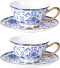 KAMMAK Tea Cups and Saucers Set of 2, Porcelain Coffee Cups, Stackable Espresso Mugs, Ceramic Demitasse for Coffee, Cappuccino, Latte, Americano, Tea, Enamel - Blue