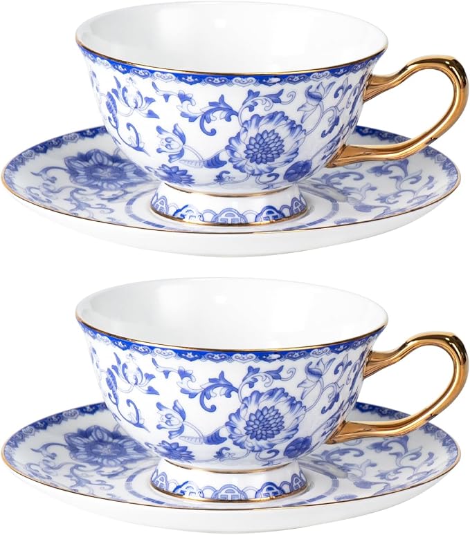 KAMMAK Tea Cups and Saucers Set of 2, Porcelain Coffee Cups, Stackable Espresso Mugs, Ceramic Demitasse for Coffee, Cappuccino, Latte, Americano, Tea, Enamel - Blue
