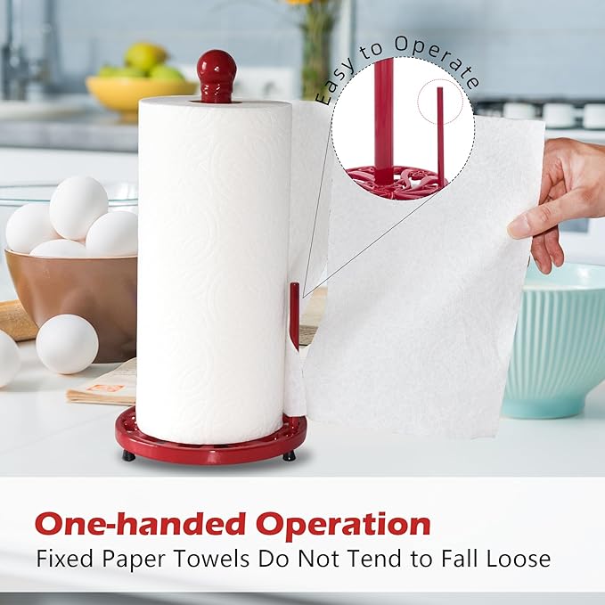 Red Cast Iron Paper Towel Holder for Kitchen Countertop - Vintage Daffodil Standing Dispenser with Heavy Weighted Base, Antique Farmhouse Decor, Fits Jumbo Rolls, One-Handed Tear
