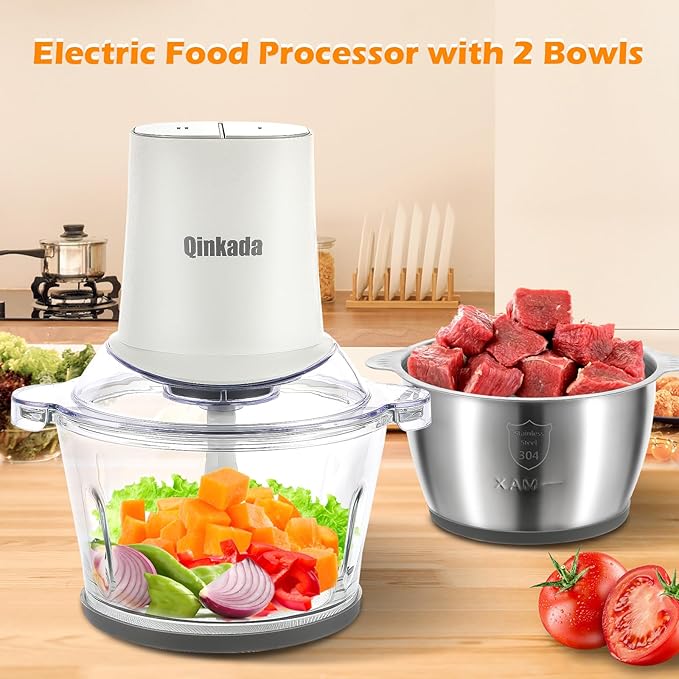 Qinkada Food Processors with 2 Bowls, 400W Meat Grinder, Food Chopper Electric, 2 Speed, 8Cup Glass and 8Cup 304 Stainless Steel, 2 Blades, Spatula (White)