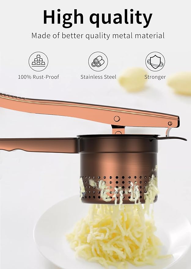 GloTika Large 15oz Potato Ricer Masher, Heavy Duty Stainless Steel Potato Masher with Ergonomic Handle, Masher and Ricer Kitchen Tool for Mashed Potatoes, Noodle Maker, Bronze Color