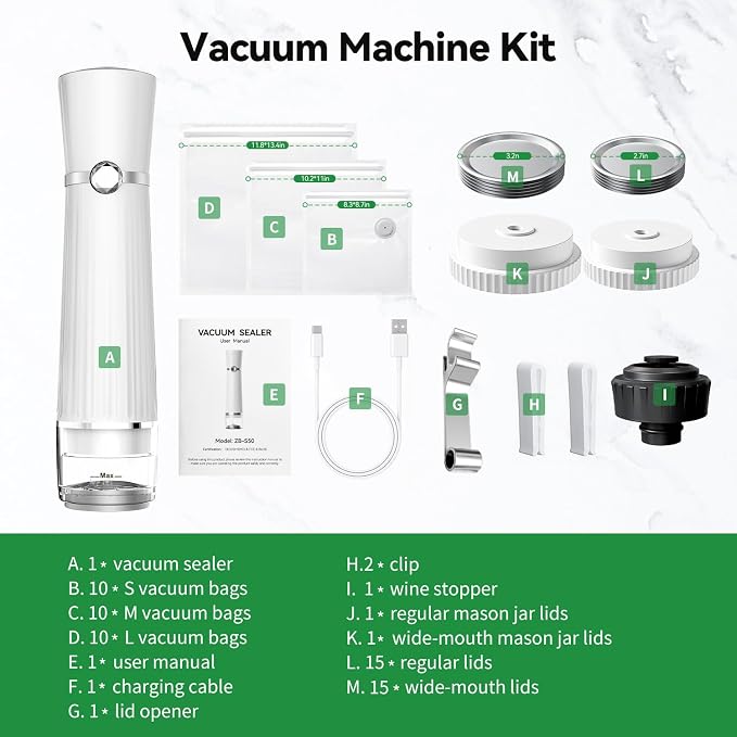 Vacuum Sealer for Food (Compact Vacuum Sealer Machine + 30 Reusable Vacuum Bags+ 30 Mason Jar Lids), Powerful Handheld Food Sealer, Seal Meal Saver