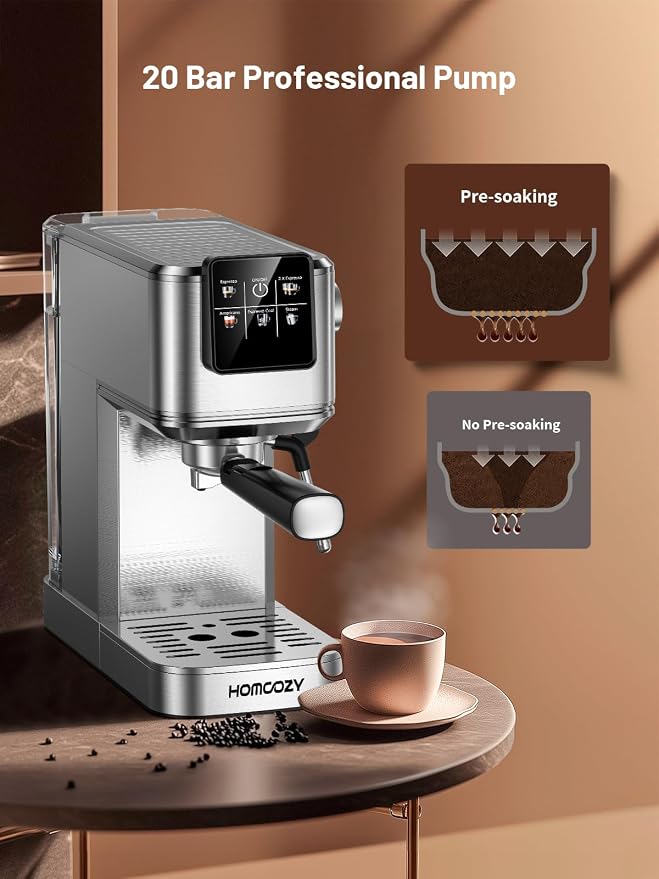 20 Bar Espresso Coffee Machine with Rapid Cold Brew Tech, Milk Frother, Touch Screen Control, Compact Water Tank, Ideal for Lattes, Cappuccinos, Americano, Home & Office(Sliver)