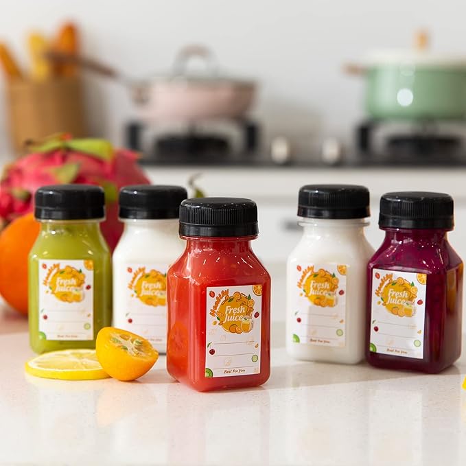 TOMNK 45pcs Juice Bottles with Caps, 4oz Plastic Containers with Lids Empty Reusable Clear Ginger Shots Bottles with Label, Funnel, and Brush Beverage for Juicing, Smoothies, Drinking, Fridge