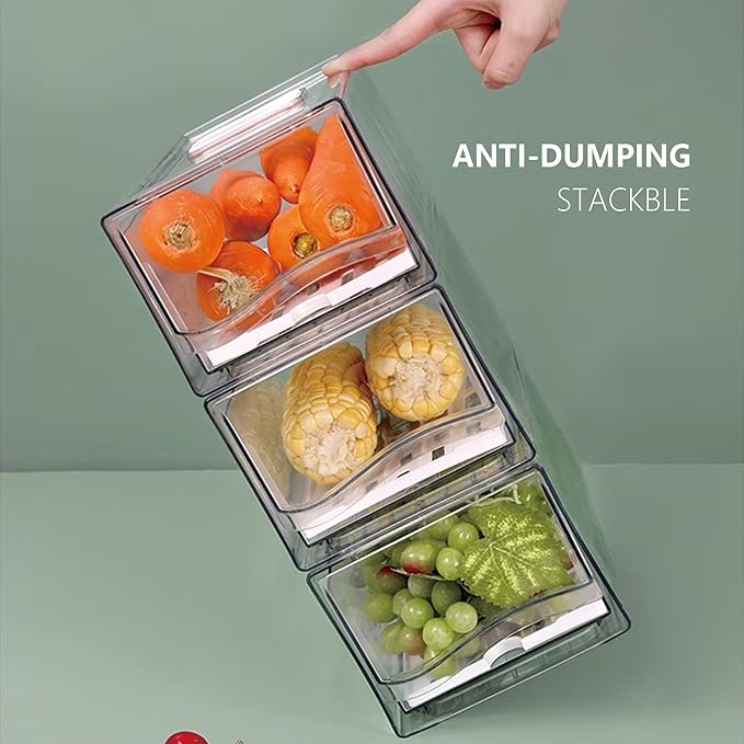 bealy 2 Pack Fruit Storage Containers for Fridge,Stackable Fridge Organizer,Clear Refrigerator Organizers with Pull Out Drawer for Fruit, Produce, Vegetables, Drinks, Snack and Food Storage,BPA Free