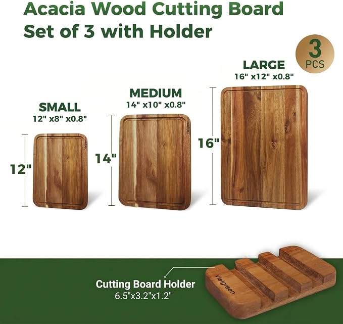 Acacia Wood Cutting Board Set of 3 with Stand (16"x12", 14"x10", 12"x8"), Edge Grain Charcuterie & Serving Boards with Juice Grooves & Handles