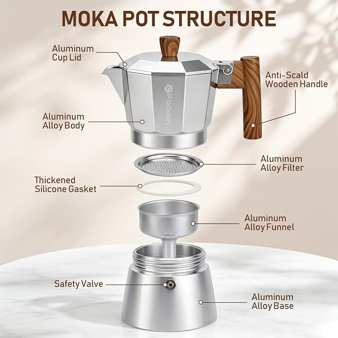 Stovetop Espresso Moka Pot Coffee Maker, Non-slip Wood Grain Handle, Cast Aluminum, Compatible with Gas, and Electric Stoves (Silver, 3 cups)