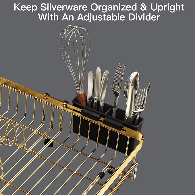 MAJALiS Gold Dish Drying Rack Over The Sink with Utensil Holder | Expandable Stainless Steel Dish Drainer for Small Kitchen, Apartment, RV, Counter Space Saving, Perfect Fit, Rustproof