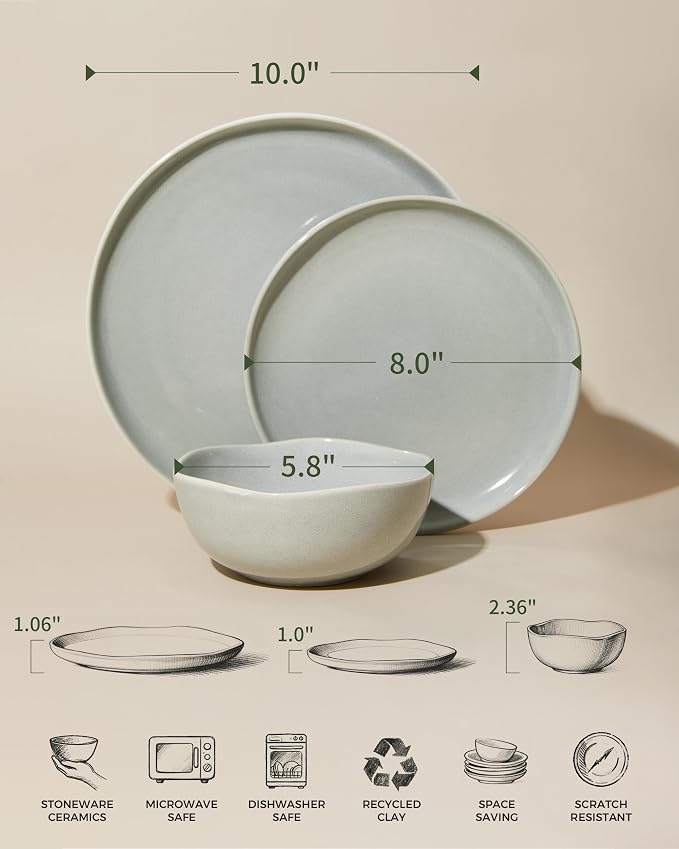Pokini Large Holiday Dinnerware Sets for 8, Ceramic Plates and Bowls Set, Kitchen Dish Set, Microwave & Dishwasher Safe Dishware, Perfect for Christmas & Thanksgiving, Gray Green