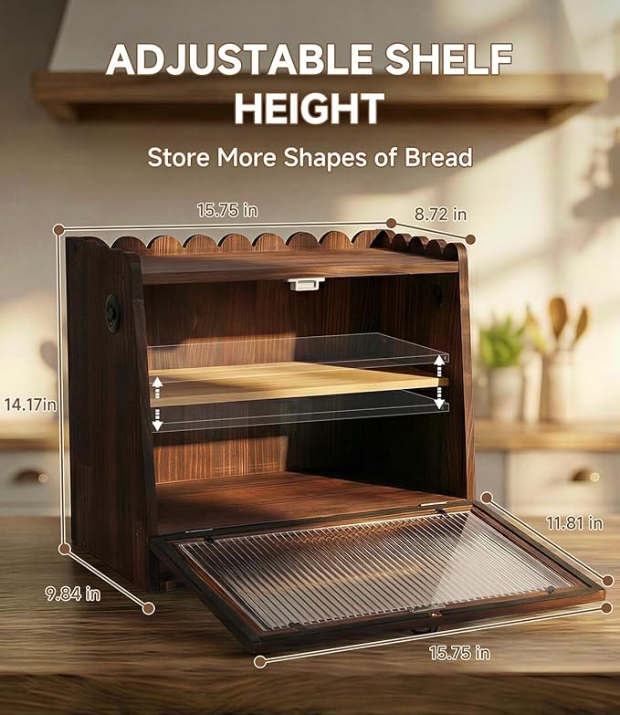 Bread Box for Kitchen Countertop Wooden Double Layer Bread Storage Container Bin Breadbox Holder Large Capacity Keeper Vintage Farmhouse Food Organizer (Brown, Large)