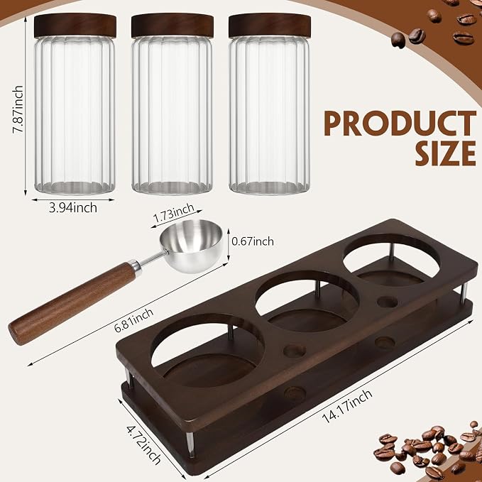 Suclain 3 Pcs 44 oz Glass Coffee Grounds Container with Shelf Glass Coffee Bean Storage Canisters with Airtight Lid and Measuring Spoon Food Storage Jars for Kitchen Sugar (Trendy Style)