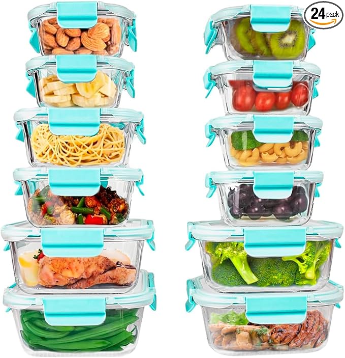 24 Piece Glass Microwave Dishwasher Safe Storage Prep Meal Containers with Lids Leak Proof (Blue)