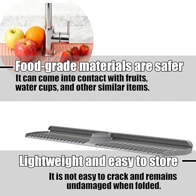 Kitchen Sink Faucet Mat, 30" x 6'' Silicone Faucet Guard & Draining Mat, 90° Foldable Faucet Mat for Kitchen Sink with 2 Water Ports, Splash Guard Kitchen Sink Mat (Gray)