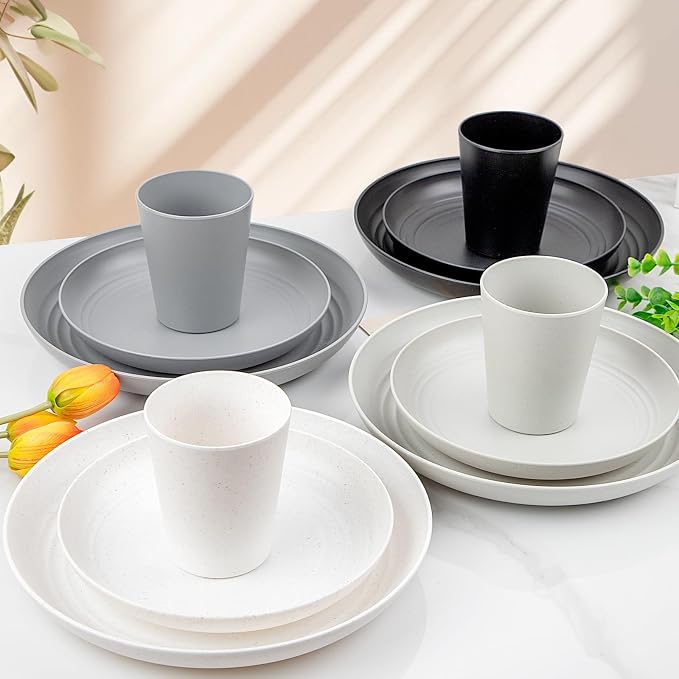 Supernal 32pcs Wheat Straw Dinnerware Sets,Plates and Bowls Sets,Reusable Plastic Plate,Microwave Dishwasher Safe,Plastic Dinnerware Set,Four Color Set 16pcs Plates,8pcs Bowls,8pcs Cups