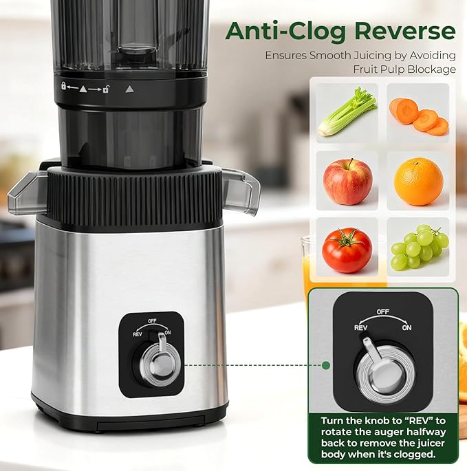 Cold Press Slow Juicer Machine, Compact Slow Masticating Juicer for Vegetables & Fruits, 4.4" Wide Feed Chute, Easy to Clean Stainless Steel Juice Press, Dishwasher Safe, High Juice Yield