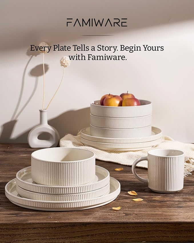 Famiware Star 18-Piece Stoneware Dinnerware Set for 6 – Oat, Ceramic Ribbed Plates and Bowls – Modern Rustic Dishes, Everyday & Formal Use – Chip & Scratch Resistant, Microwave & Dishwasher Safe