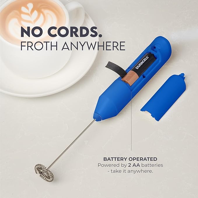 Zulay Kitchen Powerful Milk Frother AA Batteries Included – Ultra Fast Handheld Drink Mixer with Stainless Steel Whisk Stirrer for Coffee, Protein, Matcha & More, Frother Wand Electric Frothmate Blue