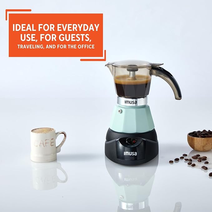 IMUSA 3 or 2 Cup Electric Mint Espresso Maker, Compact Moka Coffee Machine with Keep Warm Function, Detachable Base, Cuban & Italian Coffee Brewer, Mint & Black