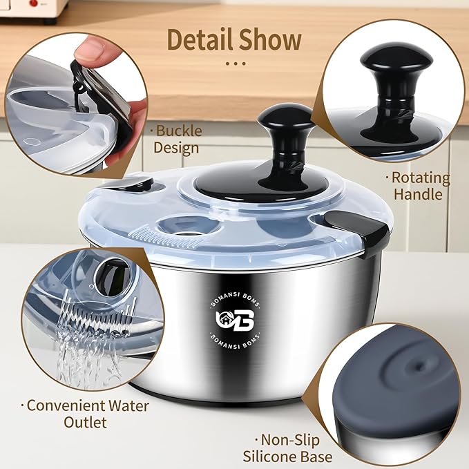5.3 Qt Stainless Steel Salad Spinner, BOMANSI BOMS Vegetable Spinners, Lettuce Spinner, Fruit Washer, Large Salad Spinners, Dishwasher Safe, 304 Stainless Steel Bowl & Basket