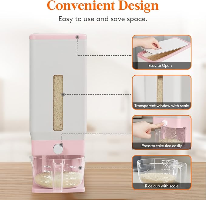 Lifewit 2 Pack Rice Dispenser 25 Lbs(11.3kg), Rice Storage Container Sealed Moisture Proof with Measuring Cup for Kitchen Pantry Household, BPA-Free, Pink