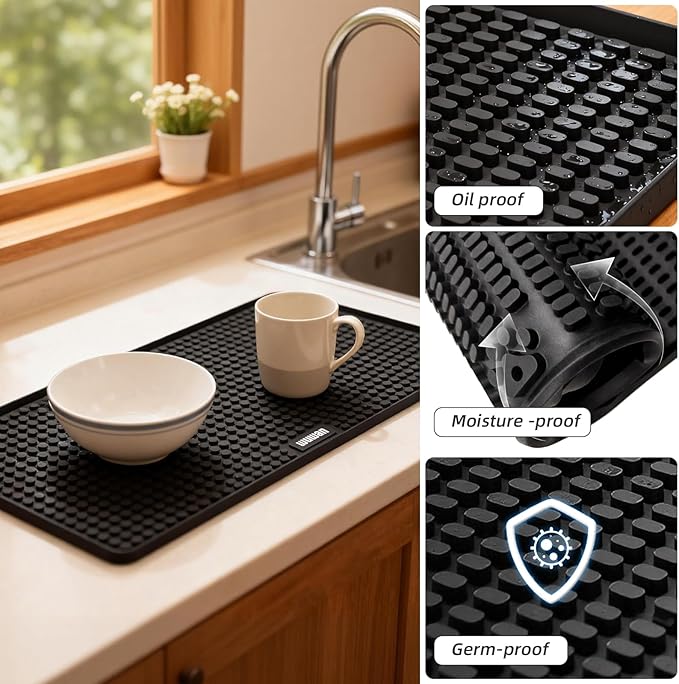Silicone Dish Drying Mat for Kitchen Countertop, Non-Slip Sink Draining Mat with Raised Ridges, Heat Resistant Absorbent Drying Pad for Dishes, Glasses, Cookware, Easy to Clean Counter Protector