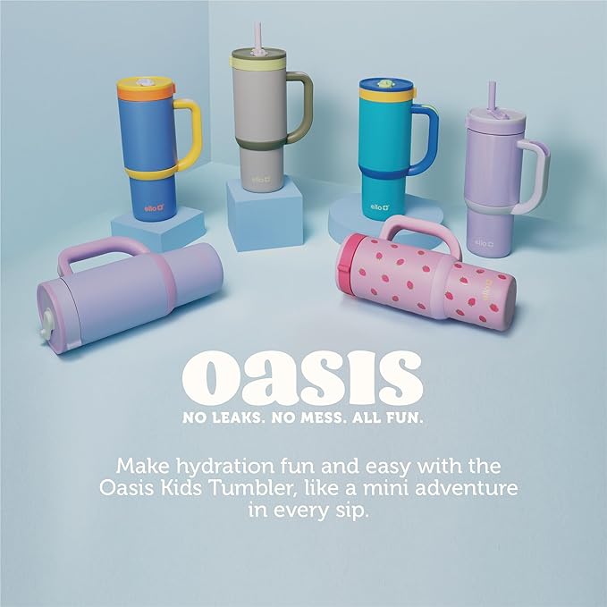 Ello Oasis 18oz Stainless Steel Kids Tumbler with Handle & Retracting Straw, 100% Leakproof, Double-Wall Vacuum Insulated, Kids Water Bottle for School, BPA Free, Dishwasher Safe, Preppy Cherries