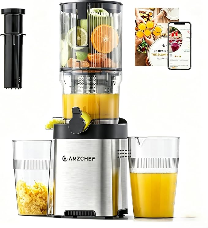Cold Press Juicer Machine, 5.4" Wide Self-Feeding Chute for Whole Fruits & Vegetables, Masticating Juice Extractor with Large Auger & Triple Strainers, High Juice Yield, Easy to Clean