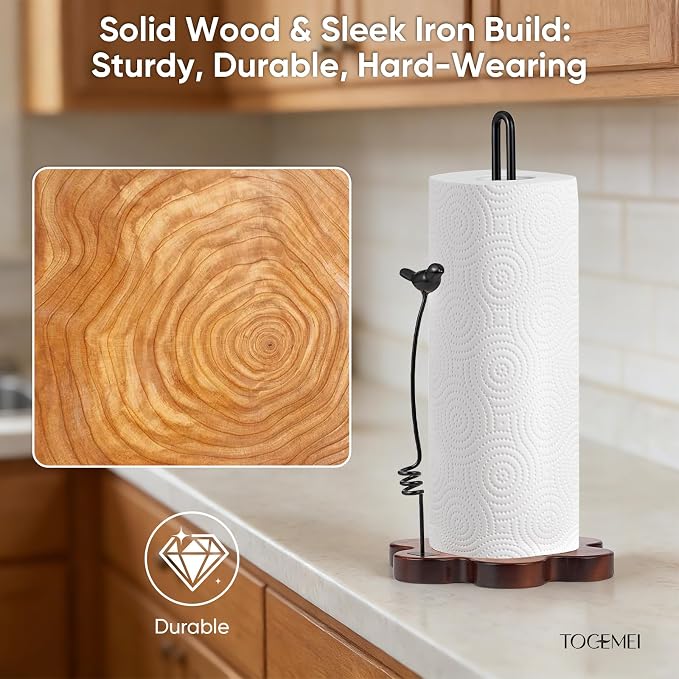 Wood Paper Towel Holder Countertop,Flower Shaped Wood Base with Decorative Spring-Loaded Iron Bird Accent,Dual Iron Rods,Non Slip Pads,Stable for Kitchen,Dining Room & Home Decor