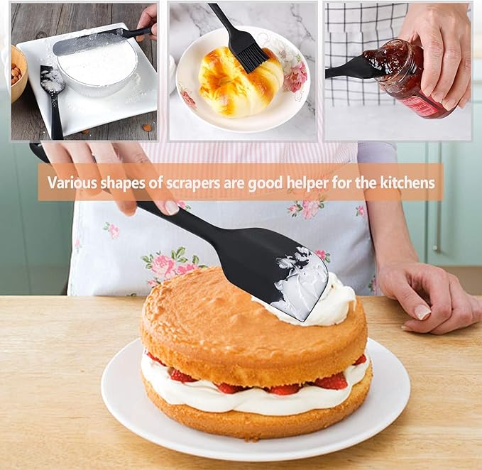 Spatulas Set of 6, Food Grade Silicone Spatulas Rubber Heat Resistant, Stainless Steel Core, Kitchen Utensils Nonstick for for Cooking, Baking and Mixing (Black)