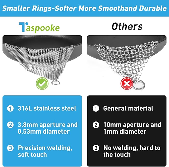 Cast Iron Cleaner and Chainmail Skillet Scrubber - 8''x8'' Upgraded 3.8mm Small Ring, 316L Stainless Steel Fine Rings - Durable Scraper for Skillets, Pans, Griddles & Containers