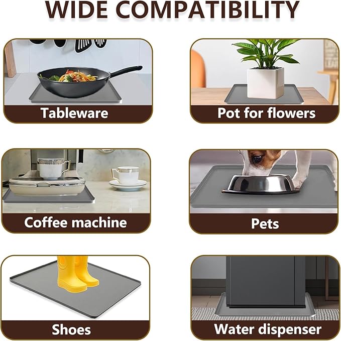 Water Cooler Mat, 24x16 Inch Silicone Drip Tray with Raised Edge, Non-Slip Appliance Protector Pad for Hardwood Floors & Carpets, Kitchen, Pet Feeding Area, Door Entry - Easy Clean (Gray）