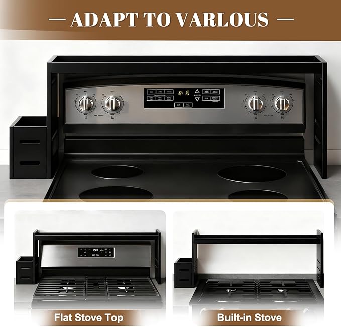 Over The Stove Shelf Wooden,Bamboo Spice Rack for Above the Kitchen Hob,31.5-inch Spice Storage Rack,Height-Adjustable, 50-pound Weight Capacity, Easy to Assemble (Black)