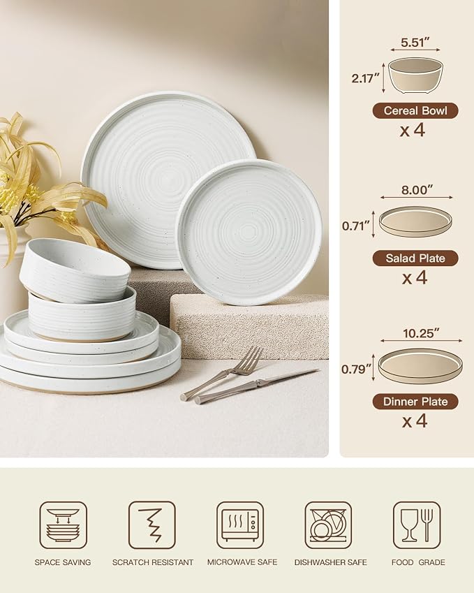 Stoneware Dinnerware Sets for 4, 12-Piece High Edge Plates and Bowls with Speckled Glaze & Spiral Design - Chip & Scratch Resistant, Microwave & Dishwasher Safe - Farmhouse, White
