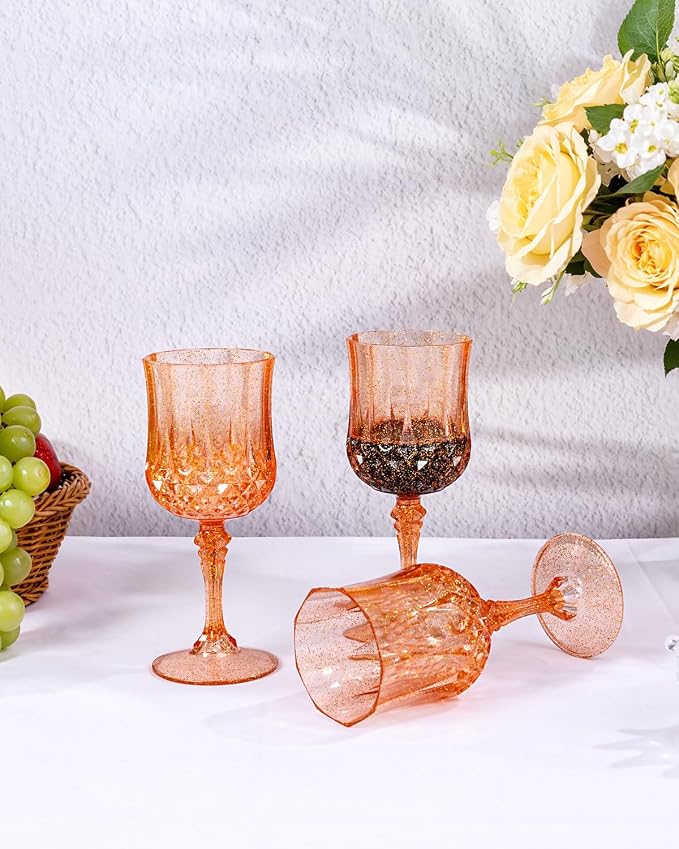Ciaell 24PCS Amber Plastic Wine Glasses - 7 Oz Amber Vintage Drinking Glasses - Disposable Water Goblets Set for Party Wedding, Bar, Wine, Beer