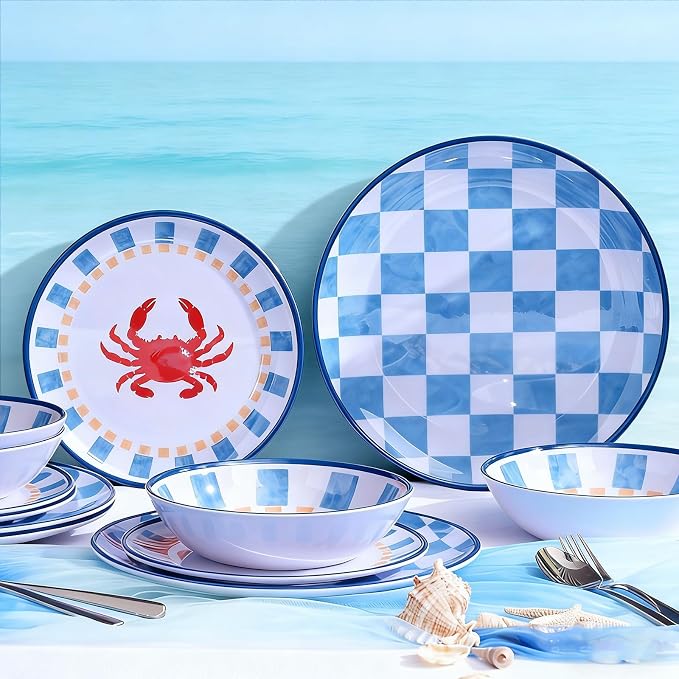 Webbylee Gingham Crab Pattern Melamine Dinnerware Sets 12 Pcs, Unbreakable Plates and Bowls Sets, Ocean Dinner Plates, Dishwasher Safe, Picnic, Camping,Gift,Blue Dish Set