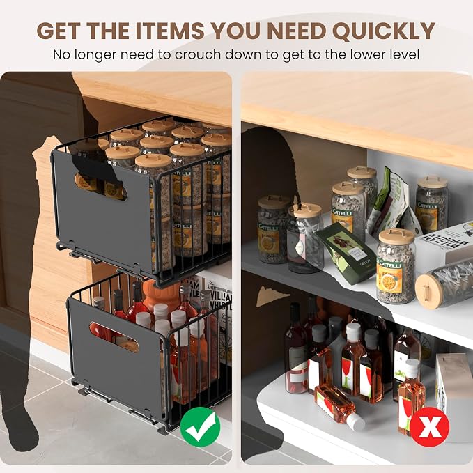 2 Pack Pull Out Cabinet Organizer, Heavy Duty Slide Out Drawer with No Drill Adhesive or Screw Mount, Carbon Steel Roll Out Shelf for Kitchen Cabinet, Pantry & Bathroom Storage