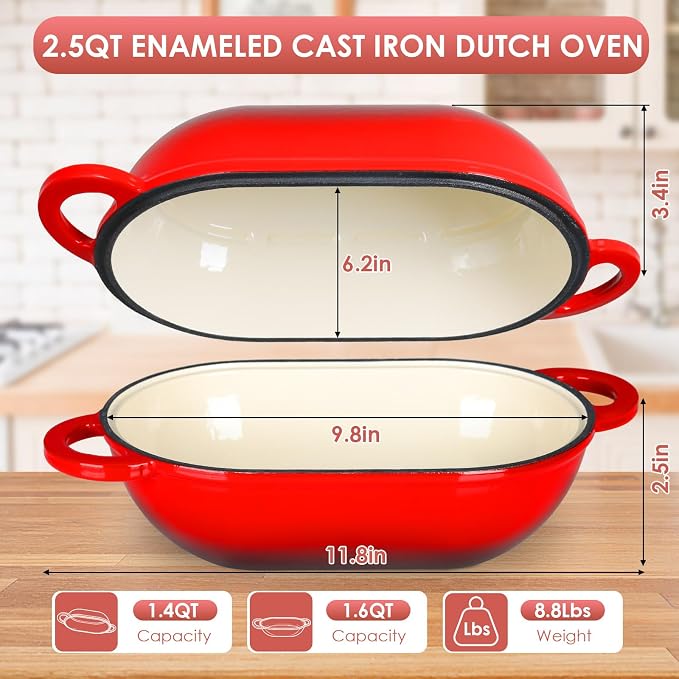 LIFERUN 2.5qt Enameled Cast Iron Dutch Oven for Sourdough Bread Baking, Oven Safe Dutch Oven Pot with Lid, Non-Stick Bread Oven Pot, Red