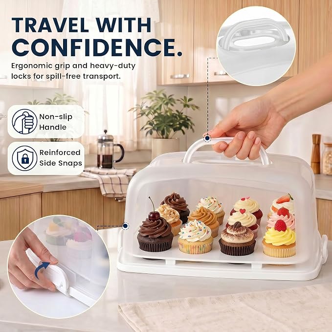 VGOODALL Cake Carrier, 12 Capacity Large Cupcake Holder, 3-in-1 Rectangular Cake Containers for Pies Muffin Candies Fruits Snacks, Dessert Storage Box for Parties, Picnics, Baking(14.8×10.9×3.1)