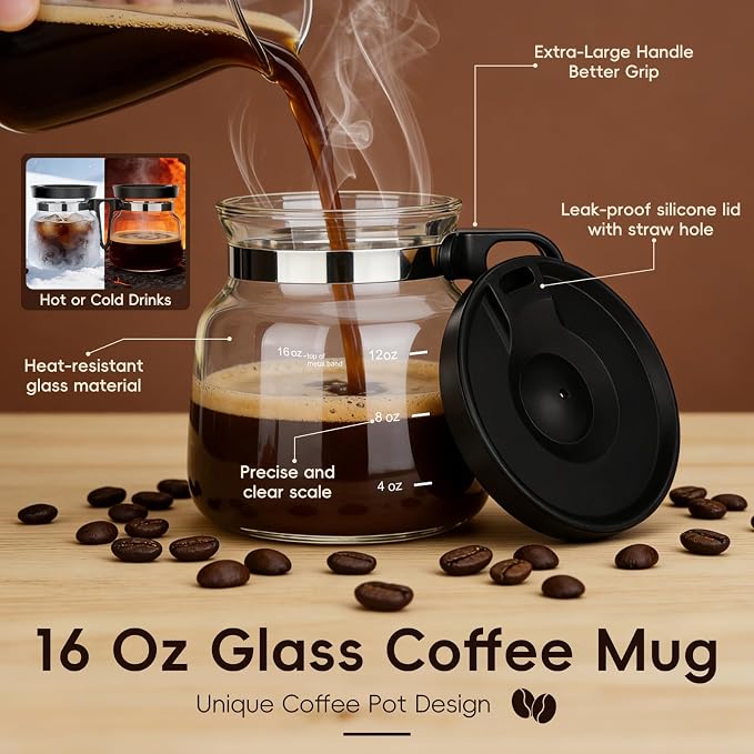 2pcs Coffee Pot Mug with Lid,16Oz Mini Glass Coffee Pot Coffee Mug Set with Spill Proof Lid & Heat Proof, Novelty Coffee Pot Cup for Coffee Lovers Gifts (2PCS)